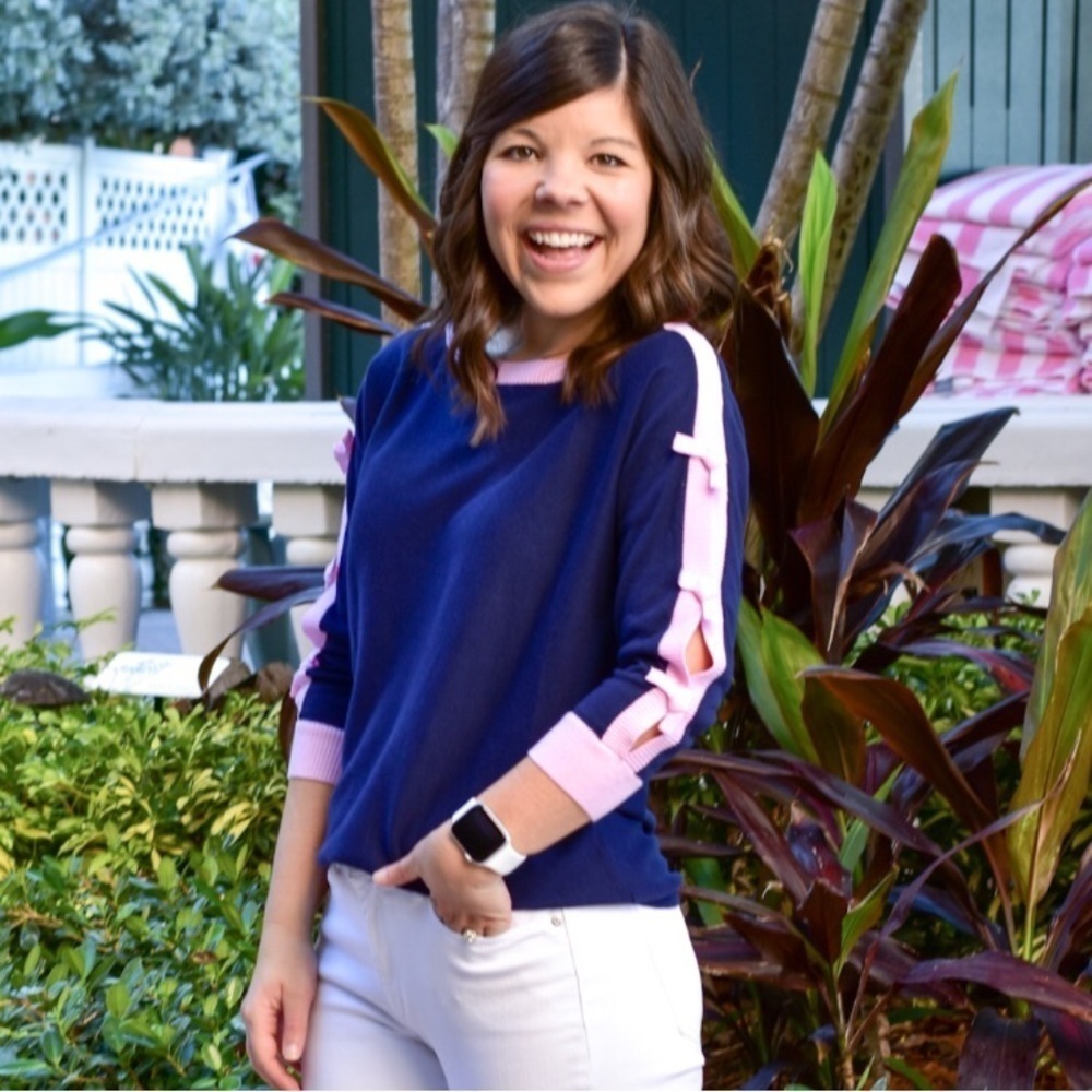 Lilly Pulitzer Larabee Coolmax Navy Blue and Pink Sweater with Bow Sleeved - Picture 2 of 8